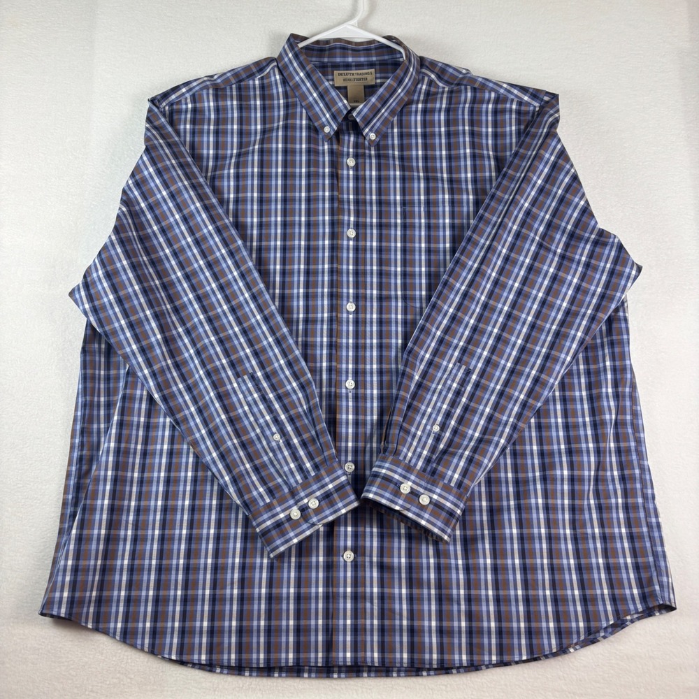 Duluth Trading Co Mens 3XL Blue Brown Plaid WrinkleFighter Button Down Shirt 3X